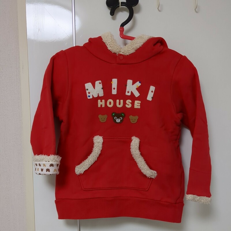 【送料無料】miki house ミキハウス 裏毛くま耳パーカー 120サイズ 男の子 赤 ワッペン 袖2way 綿100