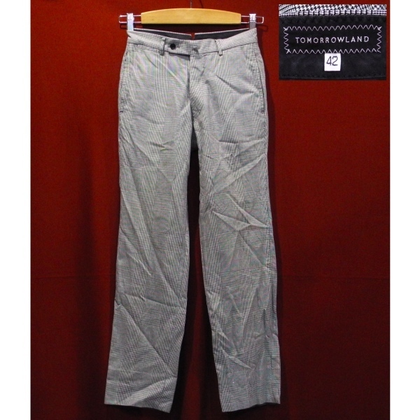 トゥモローランド デザイン パンツ スラックス チノパン コットン ウール シルク グレー グレンチェック 42 美品