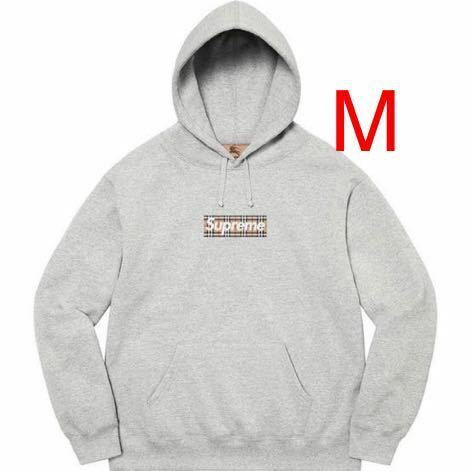 【新品】M Supreme Burberry Box Logo Hooded Sweatshirt Heather Grey シュプリーム バーバリー ボックス ロゴ フーディー ヘザー グレー