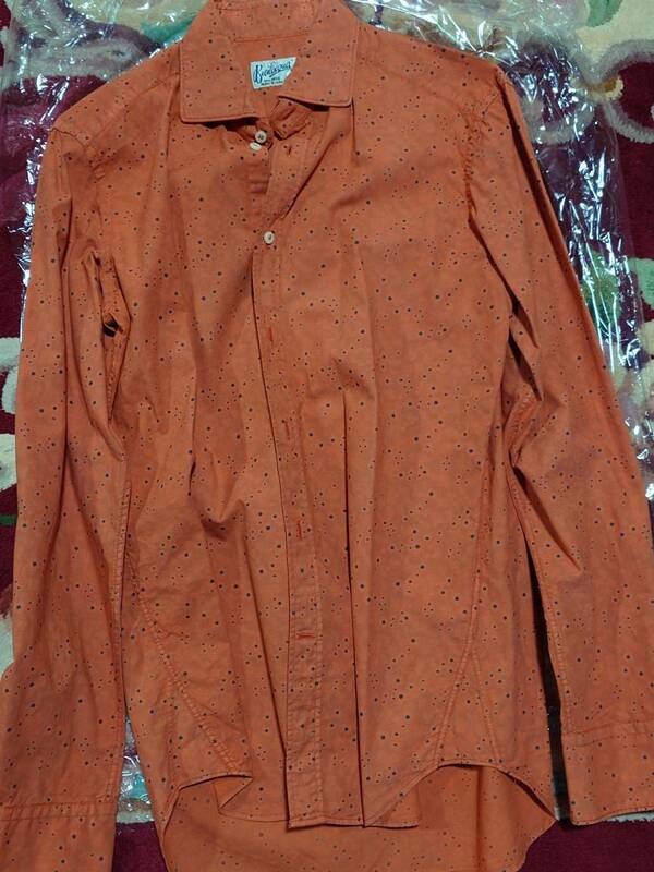 Bevilacqua（ベヴィラクア）ラウンドワイドカラーシャツ S オレンジ ドット柄 綿100％ 長袖