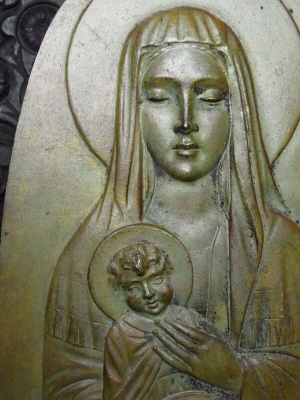 西洋骨董 彫刻家 SALVATORE MELANI作 聖母子像 ブロンズ製 美しいマリアと幼子キリスト アンティーク イタリア