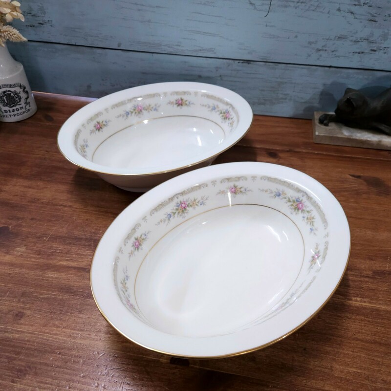 美品☆Noritake ノリタケ Ivory China プラター 2枚セット オーバル プレート 深皿 金彩 花柄 ヴィンテージ アイボリー