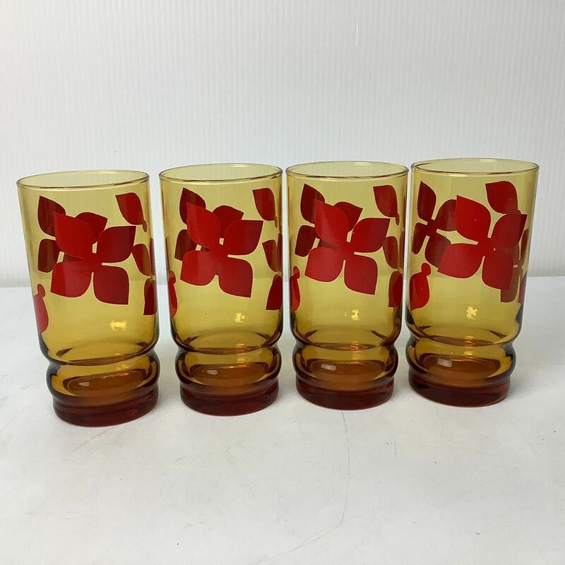 ADERIA アデリアグラス ガラスコップ 花柄 レトロ アンバーグラス 4点セット売り【Y1136】