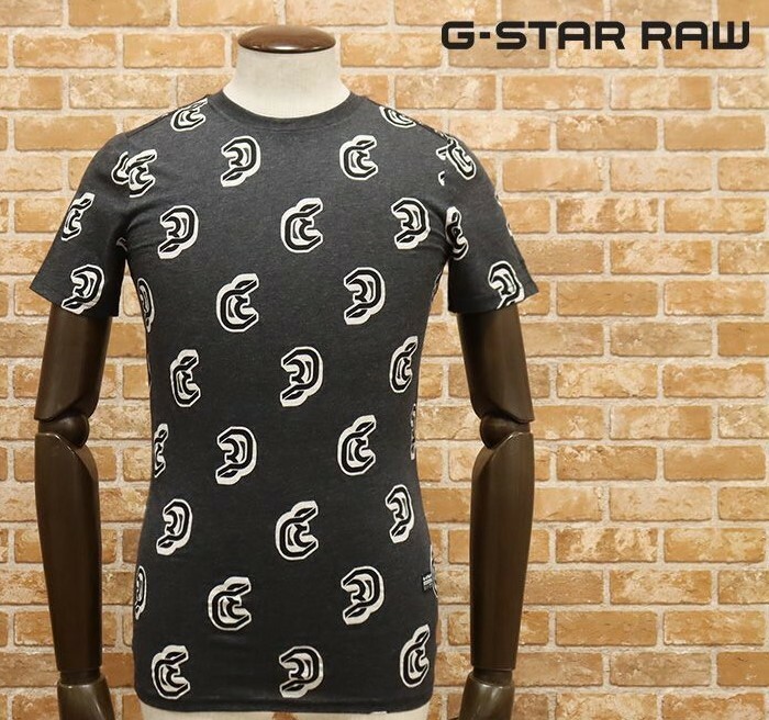 ★G-STAR RAW〓丸首半袖Tシャツロゴ総柄 伸縮〓XS 新品 グレー