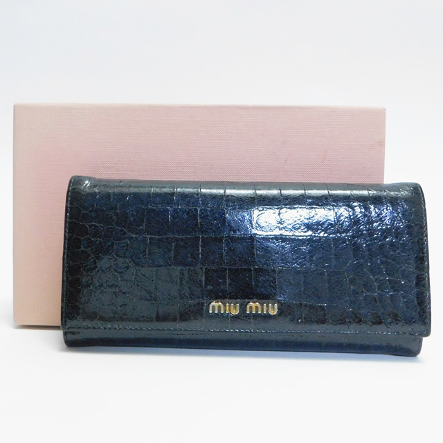miumiuミュウミュウ 二つ折り長財布 クロコ型押しレザー 黒 良品 正規品　
