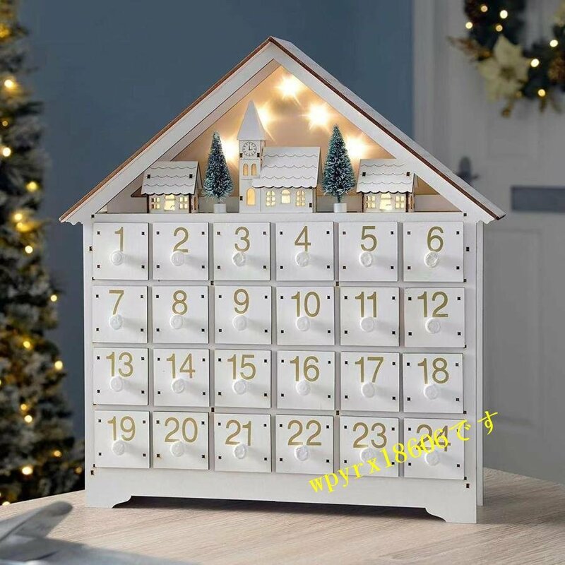 アドベントカレンダー 24日間カウントダウン 木製 白い家 小さな引き出し LEDライト付き クリスマスプレゼントクリスマスカレンダー