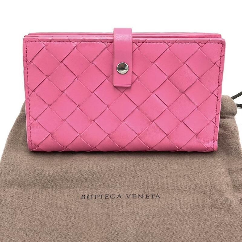 No.102 【新品同様】早い者勝ち☆BOTTEGAVENETA ボッテガヴェネタ イントレチャート コンパクトウォレット ピンク 二つ折り財布 レディース