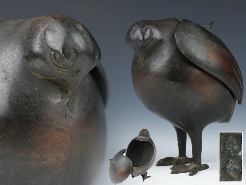 魁◆ウブだし品 時代古作 時代金工 古銅製 亀女作 鶉 鳥型香炉 在銘印有 香道具 茶道具