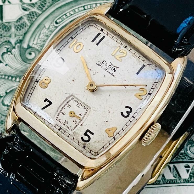 腕時計メンズ動作良好エルジンELGIN手巻き1950sデラックスCal.555金張り17石アンティーク中古ヴィンテージ稼働ゴールドフィールドU262