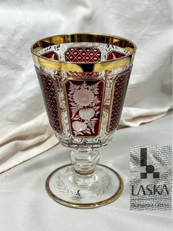 チェコスロバキア Laska Bohemia Glass/ラスカ ボヘミア ハンドカット 赤色 金彩パネル ゴブレット/ワイングラス 箱付 used コレクション