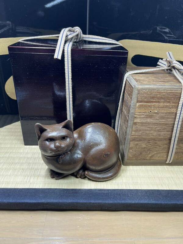 本物保証　古備前　江戸中期　猫　香炉　V 陶印　墨書き　二重箱