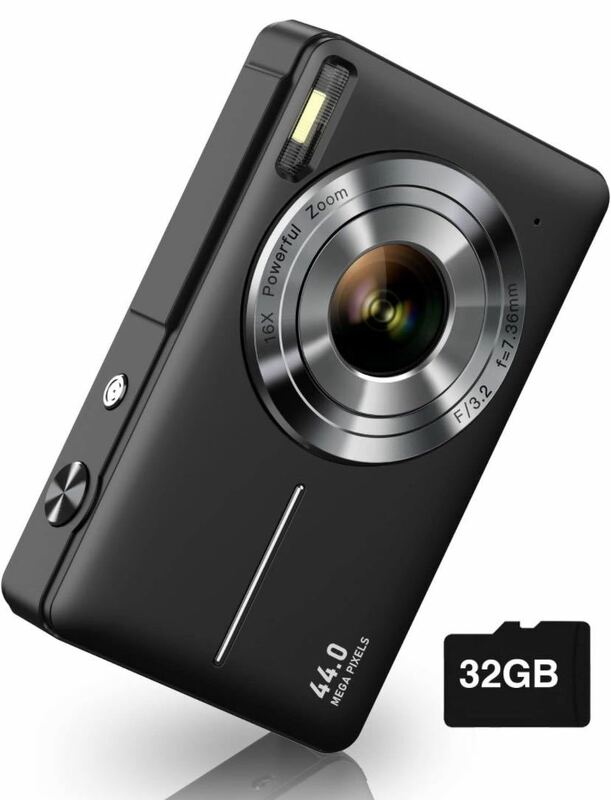 デジカメ デジタルカメラ オートフォーカス 4400万画素 1080P 近接撮影16倍デジタルズーム 2.4インチ大画面 予備電池 軽量32gカード付属 黒