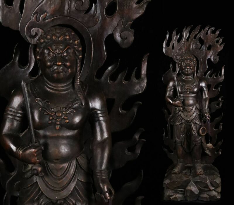 仏教美術 時代仏 木彫 不動明王像 高さ約78.5cm 仏像骨董 寺院引取品[510185ee]