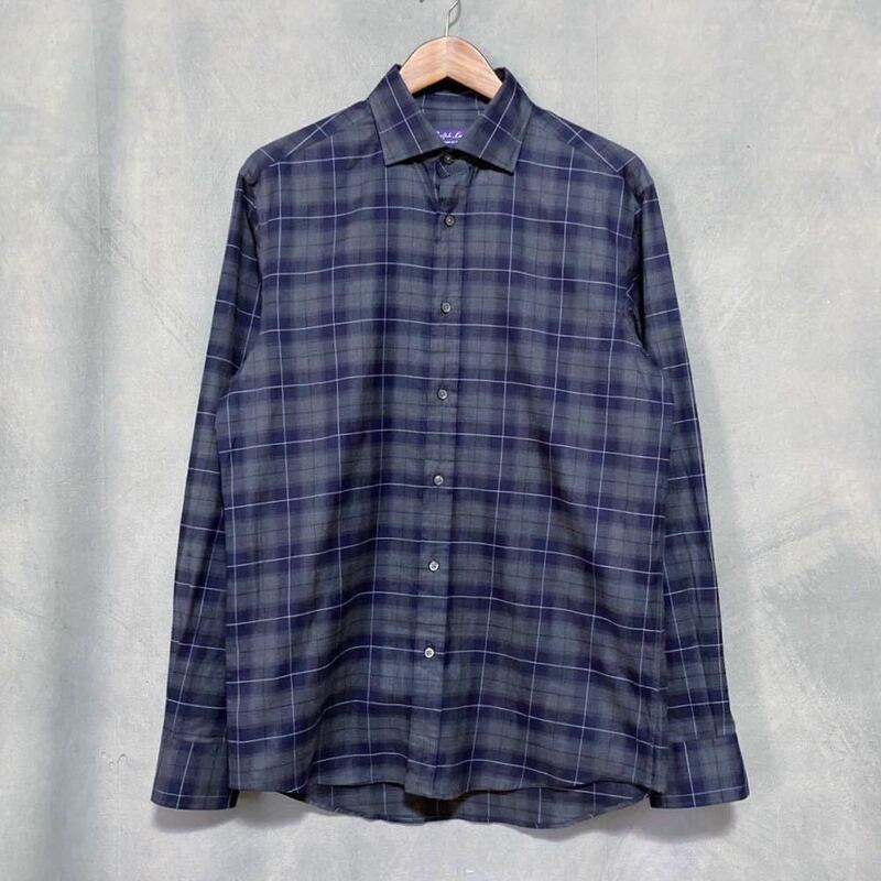 美品 RALPH LAUREN PURPLE LABEL ラルフローレン パープルレーベル 高級 コットン セミワイドカラー シャツ size.首 15.5 グレー チェック