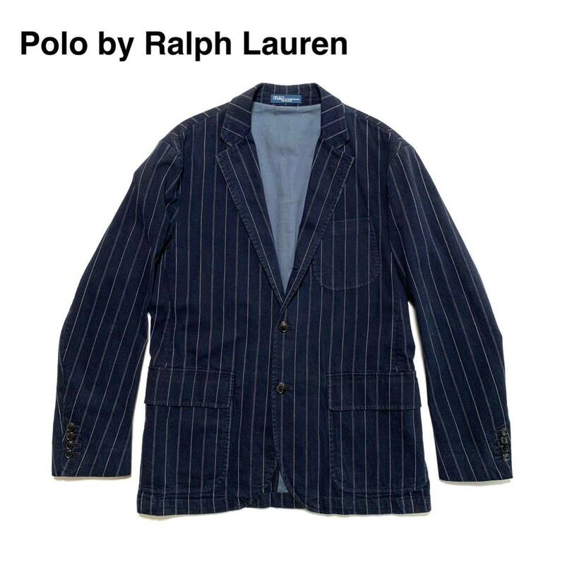 ☆良品 ラルフローレン Ralph Lauren パッチポケット 3B ストライプ テーラード ジャケット 濃紺 RRL 古着 ヴィンテージ アメカジ トラッド