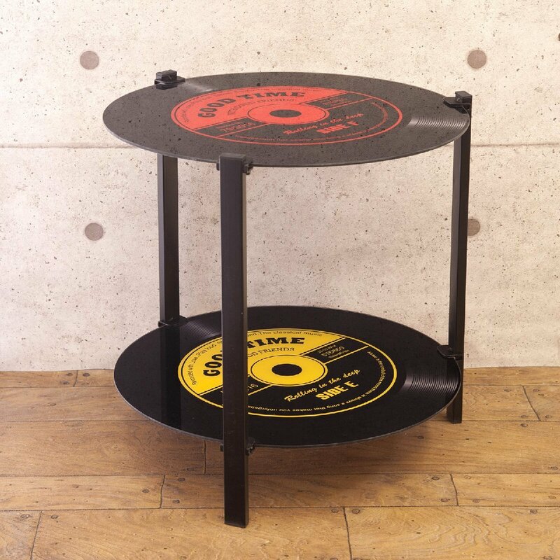 センターテーブル ローテーブル リビング サイドテーブル カフェ 2段 棚 ラック 円形 丸 おしゃれ レコード 音楽 赤 黄色 黒 ブラック