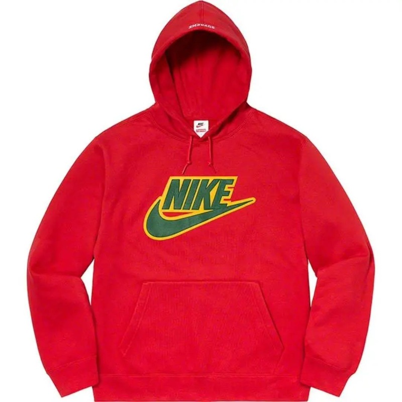 Mサイズ◆Supreme x Nike シュプリーム ナイキ Leather Applique Hooded Sweatshirt レザーロゴ スウェットパーカー 赤 RED