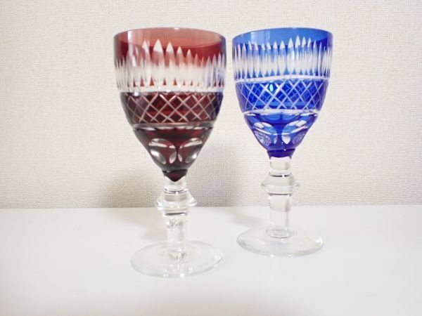 豊JE973/6J●切子 クリスタルグラス ペア ワイン シャンパン 2客 ブルー レッド 青 赤 中古品●