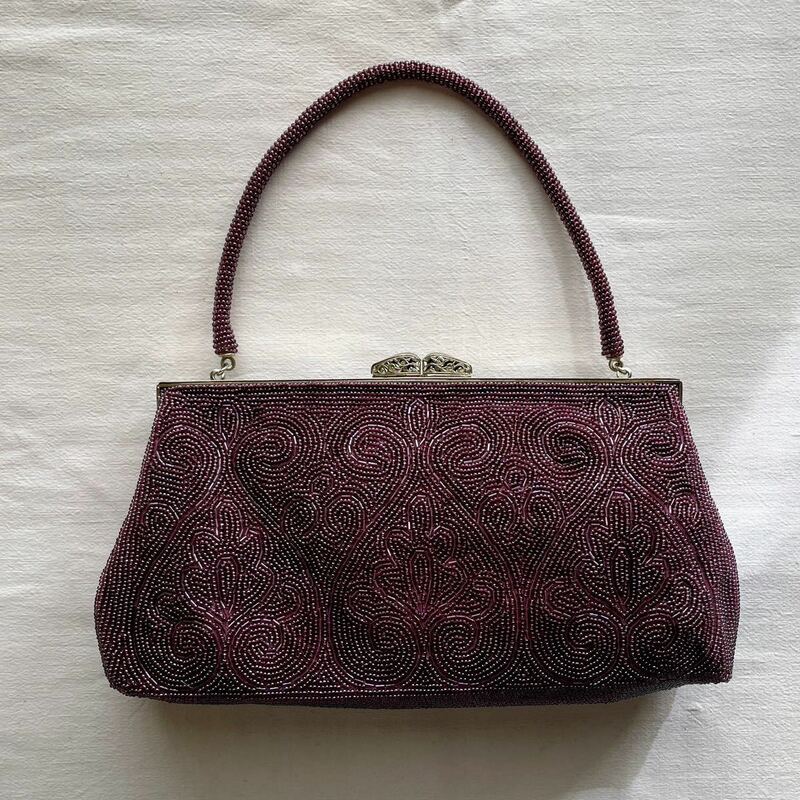 ビーズバッグ 紫 唐草模様 花柄 シルバー がま口 昭和 日本製 ルミーはしもと Japanese beads, vintage purse handbag