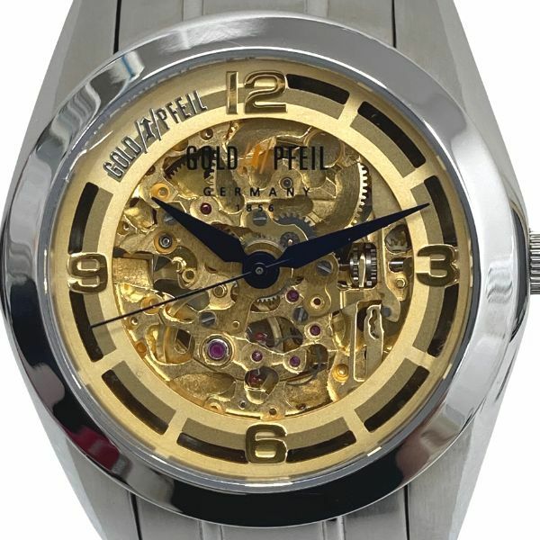 【即決】 ゴールドファイル GOLD PFEIL スケルトン SS オートマチック 自動 ゴールド 文字盤 腕時計 G51007SC メンズ シルバー 新品 同様