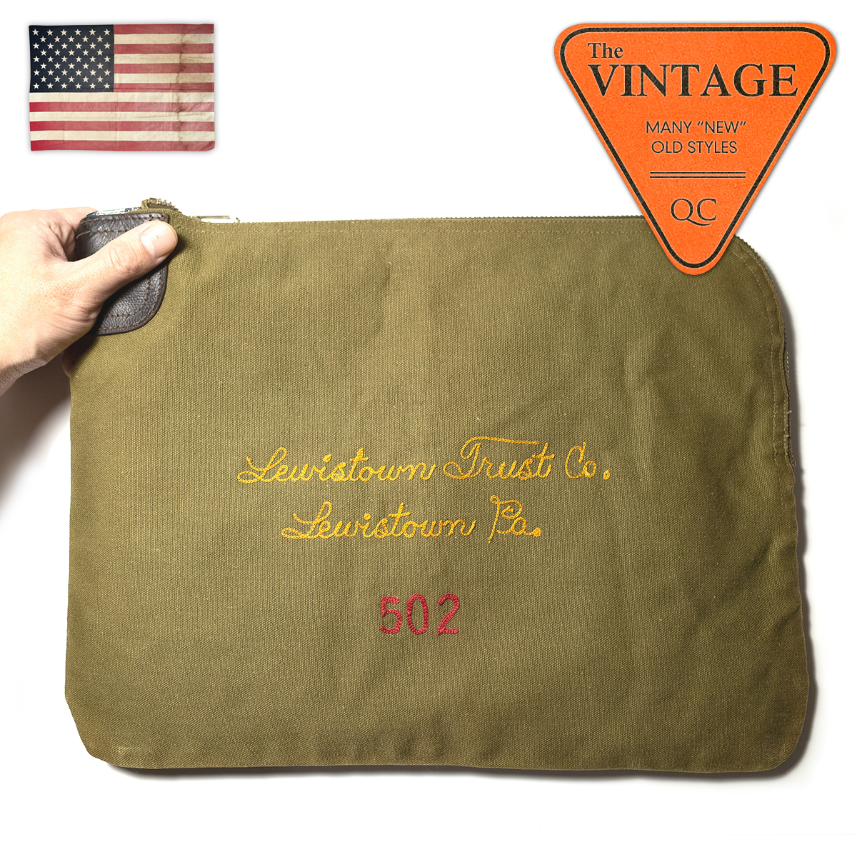 60's USAヴィンテージ Talon製ジップ カーキ クラッチ ハンド バッグ チェーンステッチ 本革レザー ナイロン アンティーク アメリカ製 05