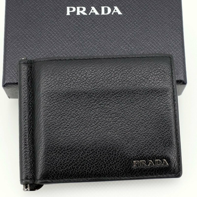 【美品】PRADA プラダ 二つ折り財布 マネークリップ付き 2MN077 レザー ブラック 箱付