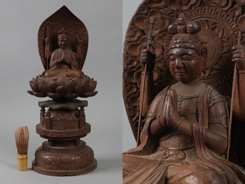 仏教美術 時代 木造 四手 仏像 座像 高42,5㎝ 木彫 寺院収蔵品 細密細工 古美術品[b1180]