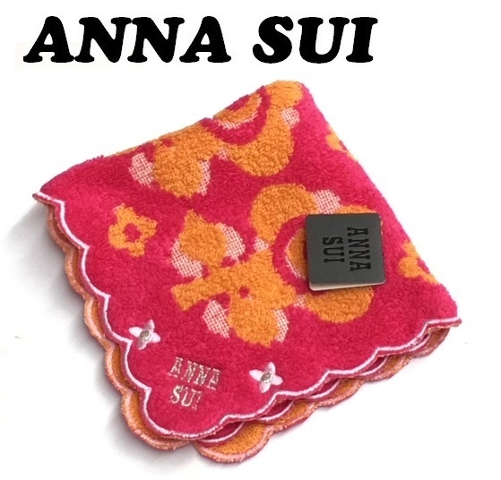 【ANNA SUI】(NO.1486)アナスイ タオルハンカチ　レッド×オレンジ系　花柄　未使用　25cm