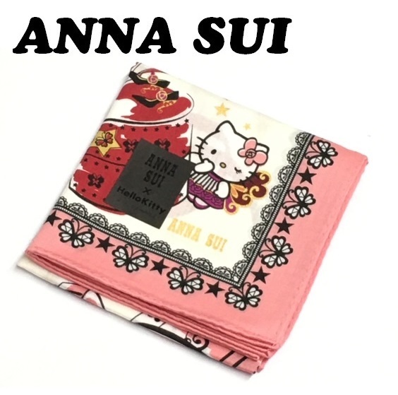 【ANNA SUI×Hellokitty】(NO.1459)アナスイ×キティコラボ　ハンカチ　ピーチ系　リボン&BOX 未使用　50cm