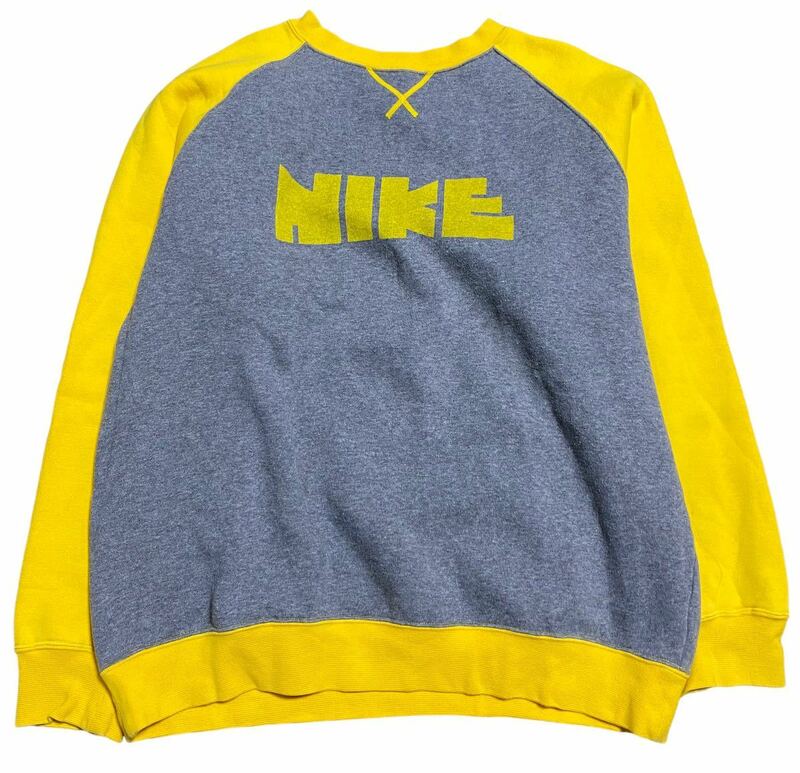 90s NIKE ナイキ 初期復刻 ゴツナイキ クルーネック スエット グレー/イエロー XL