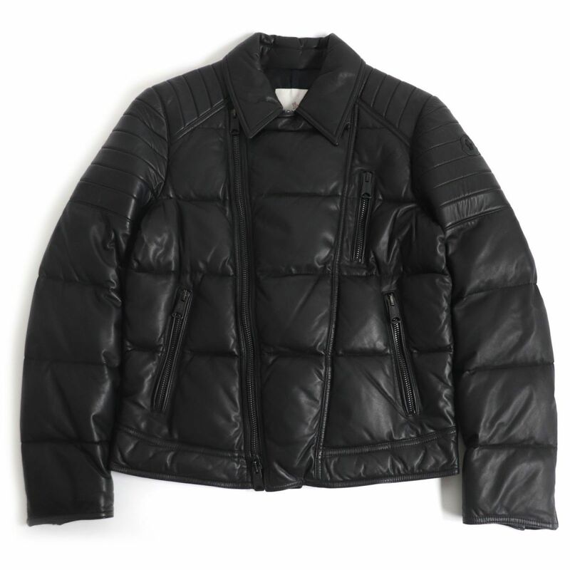 良品□MONCLER/モンクレール LECLERC ロゴワッペン付き WZIP ラムレザー ライダース ダウンジャケット ブラック 1 国内正規品 メンズ