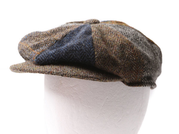 ハリスツイード パッチワーク キャスケット メンズ L 古着 Harris Tweed 帽子 キャップ 中綿 キルティングライナー ハンチング ウール 防寒