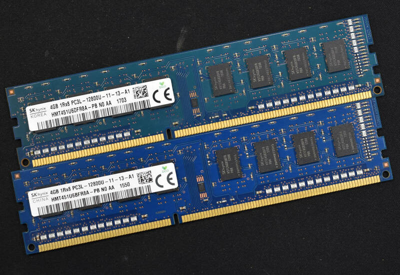 8GB (4GB 2枚組) PC3L-12800U DDR3L-1600 1.35V/1.5V 1Rx8 片面実装 240pin non-ECC Unbuffered DIMM SK-Hynix (管:SA5309
