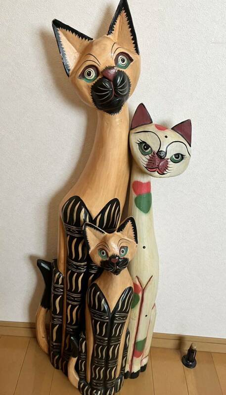 バリ アンティーク猫スタンド 木彫り 3体セット