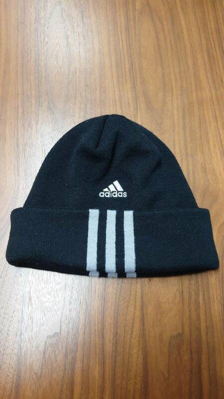 00’s adidas “HEADWEAR” パフォーマンスロゴ刺繍 ライン入り アクリル ニット キャップ ブラック 裏張りフリース ニット帽 帽子