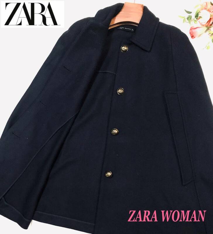 ZARA WOMAN　ザラウーマン　ケープコート　ネイビー　ゴールドボタン　USA／EUR Mサイズ