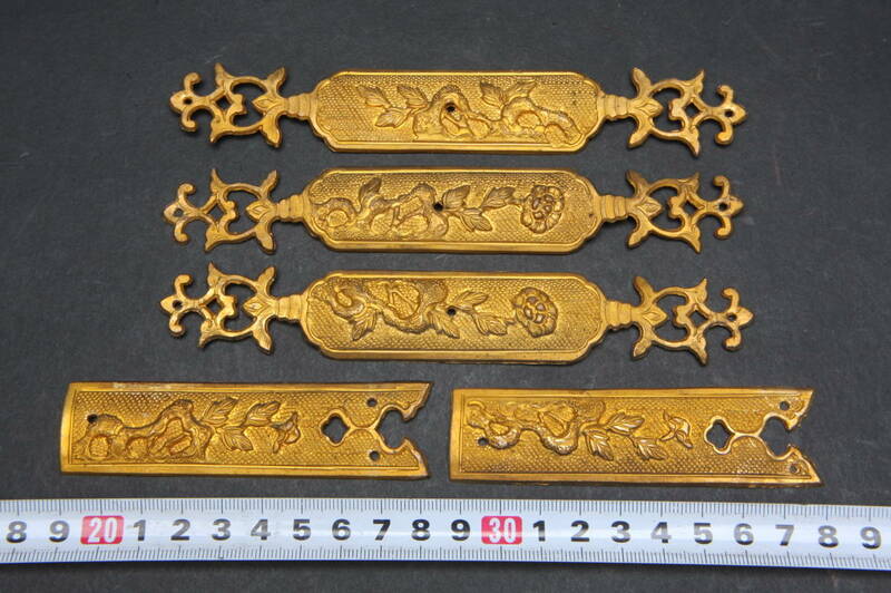 YF5232 5個 金具 仏壇 金色装飾金具セット 古金具 寺院 仏壇 メッキ 松