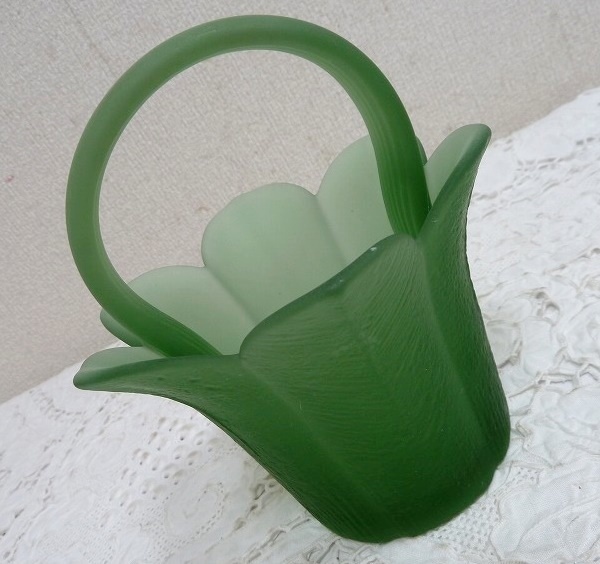 (☆BM)すりガラス/フラワーベース バスケット型 グリーン 緑 花瓶 鉢入れ ポットカバー キャニスター 小物入れ フラワーアレンジメント