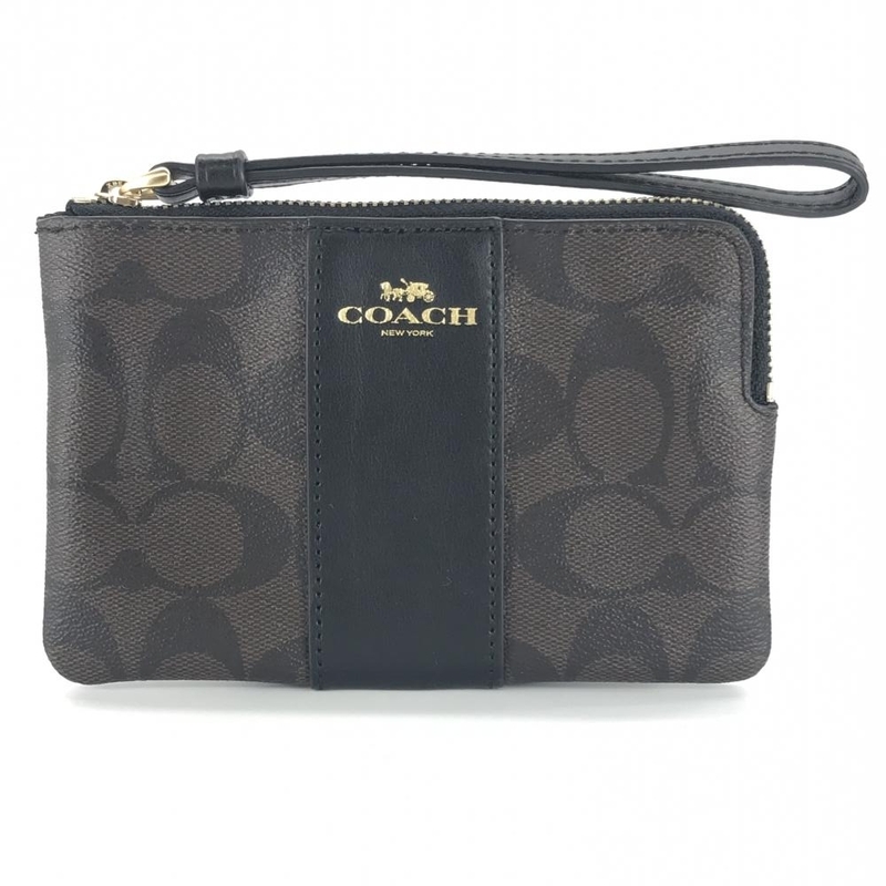 未使用 COACH コーチ F58035 シグネチャー コーナー ジップ リストレット PVC レザー 黒 ブラック ブラウン コスメポーチ 管理YK31603