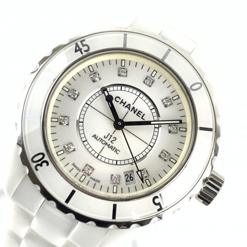 CHANEL シャネル J12 H1629 ホワイト 12Pダイヤインデックス デイト 38mm メンズ オートマチック 腕時計 セラミックブレス 管理YI31682