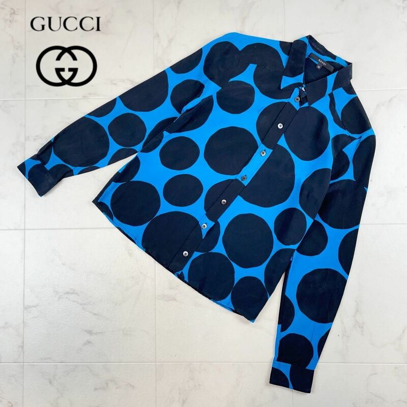 美品 GUCCI グッチ シルク100% ビッグドット柄 シャツブラウス トップス レディース 青 ブルー 黒 ブラック サイズ38*JC937