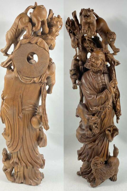 【福蔵】木彫 仏像 達磨と虎獅図 黄楊 一本彫り 置物 仏教美術 古美術 高58cm