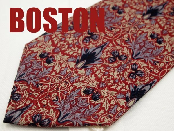 OB 122 ボストン BOSTON ネクタイ 赤系 ボタニカル 植物柄 プリント