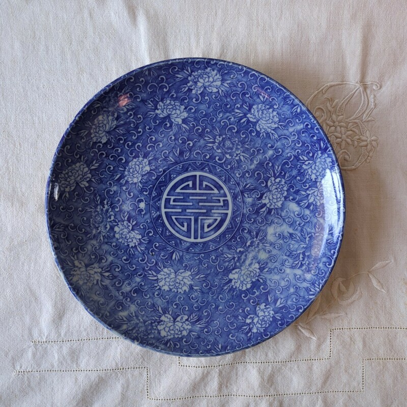 印判皿 牡丹 径27㎝ 明治 印判 印判手 中皿 大皿 ぼたん 染付皿