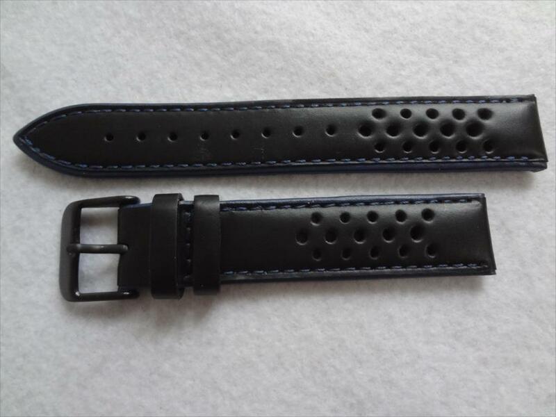 腕時計 レザーベルト 18mm 黒/青 ステッチ バックル:黒色 穴開きデザイン 時計バンド ブラック/ブルー Hadley Roma 