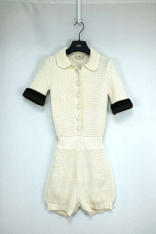 中古 21SS FENDI Knitted Short-sleeve Romper In White フェンディ ニット ジャンプスーツ ホワイト サイズ36