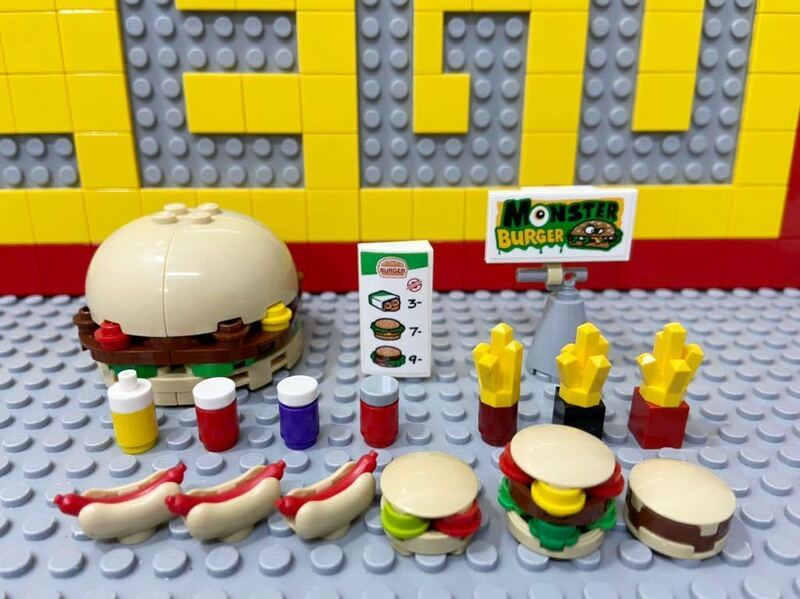 ☆バーガーショップ☆ レゴ　ミニフィグ用小物　大量　ハンバーガー　ポテト　ホットドッグ　ジュース　看板　( LEGO 食べ物 レストラン