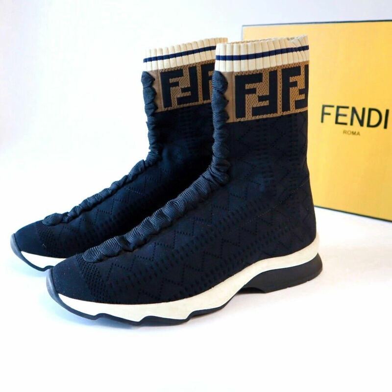 FENDI FFニットスニーカー /ズッカ/シュープ 靴/茶色 白 黒 24〜24.5cm ROCKOKO FF knit sneakers（ロココ FFニットスニーカー