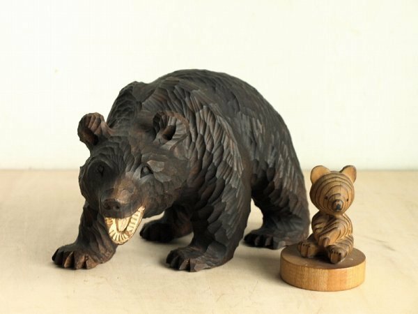 木彫りの熊と熊ボッコセット　北海道民芸　クマ　熊ボッコ　置物　工芸品　木製　オブジェ　インテリア　レトロ　B14