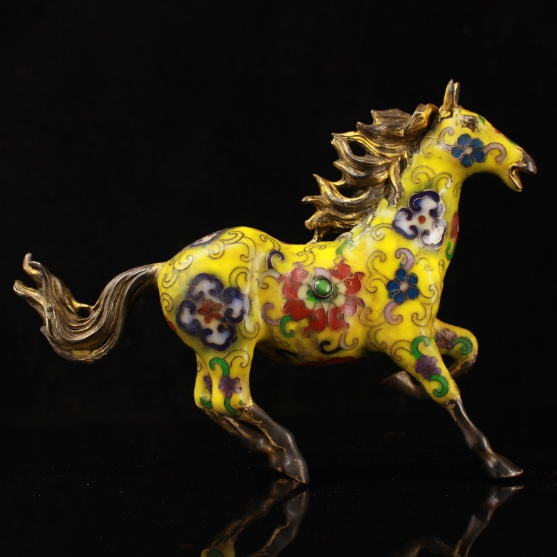 唐物 中国 清代 銅製 景泰藍塗金駿馬の置物です 時代物 古美術 極細工 賞物 NW64